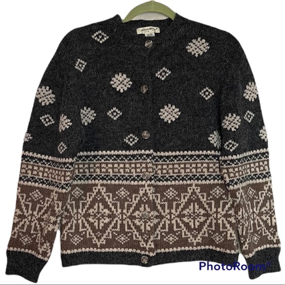 Eddie Bauer Vintage Grey/Brown Fair Isle Wool Alpaca Cardigan Size Medium - Picture 1 of 4